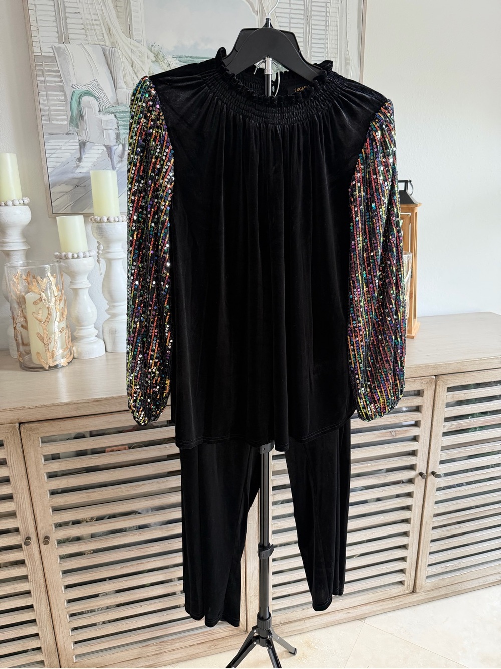 Sugarlips Sparkle City Velvet Ruffle Mock Neck Sequin Top w/matching pants